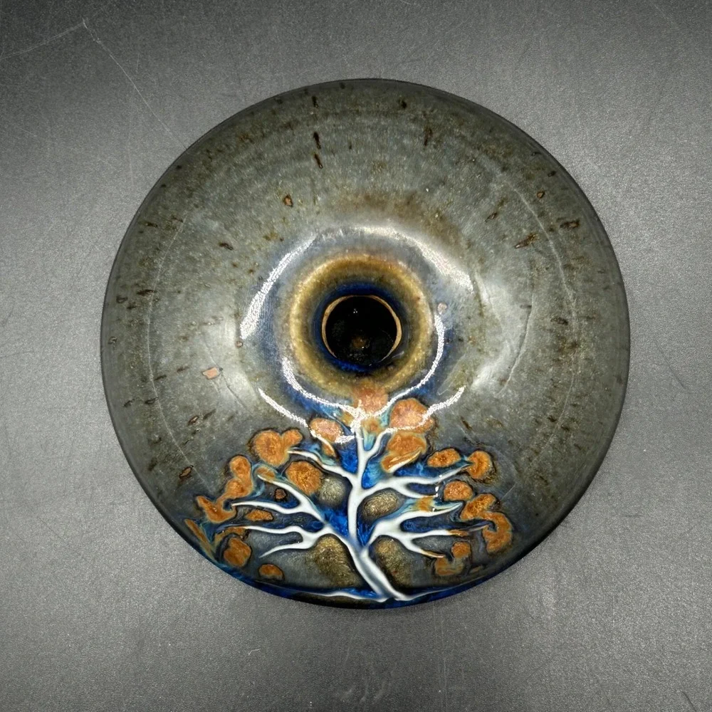 Takahashi Rakusai Oil Lamp Art Pottery Bonsai‎ Tree Green Blue